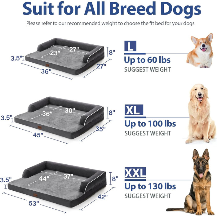 Ортопедичні лежанки для собак великих порід, XL, водонепроникні, з memory foam, зручна подушка для шиї, сірий колір