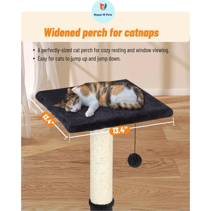 Дряпак для котів Happi N Pets з платформою, сизалевий, для домашніх котів, із підвісними м'ячиками та зручною лежанкою, стійкий, димчасто-сірий