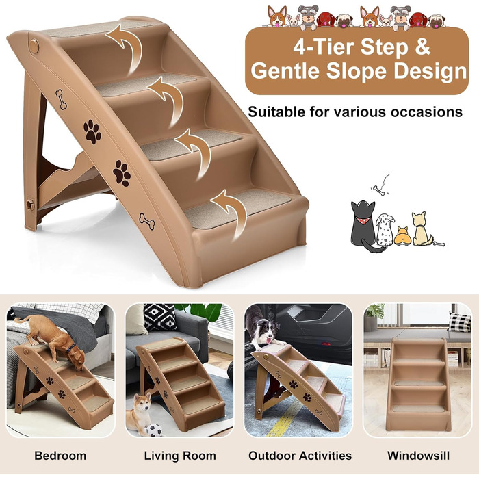 Сходинка для тварин SOARS: 4 сходинки, килимок з повсті, для собак та котів до 60 кг, антиковзаюча, для ліжка, авто, дивану (колір: коричневий)