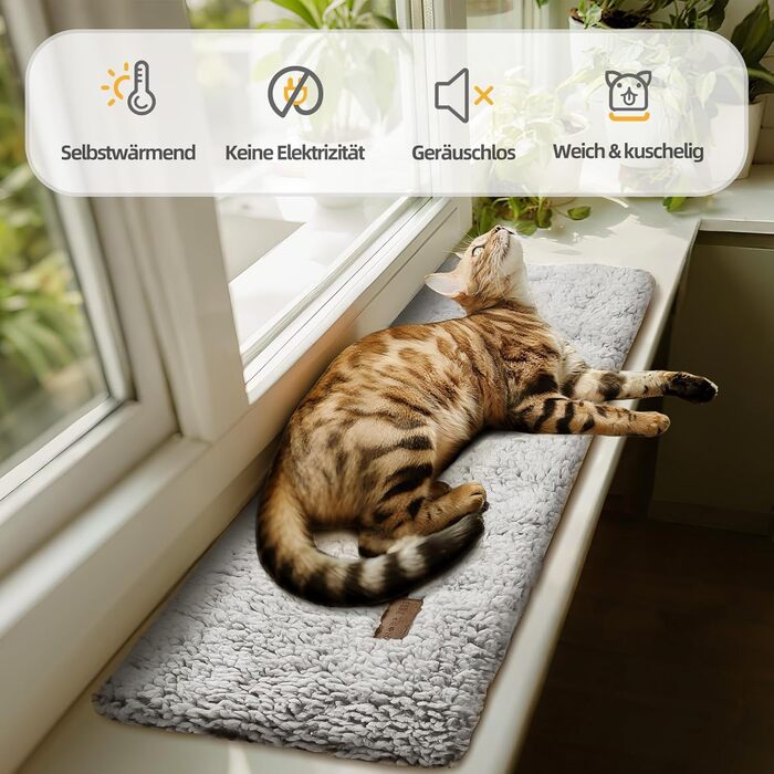 Самогріюча лежанка для котів на підвіконня, 90 x 28 см, сірий колір. Лежанка-підігрівач для котів, м'яка та неслизька, 90 x 28 x 3 см.