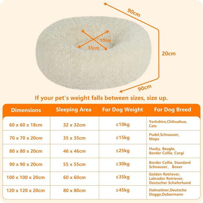 Ортопедичне ліжко для собак, кругле, м'яке, для котів та собак, 70 см Ø, (90 x 90 x 20 см), бежеве