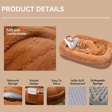 Ліжко для собак великих порід, 160 x 93 x 27.9 см, з піднятим м'яким бортиком, знімним чохлом, водонепроникним вкладишем та додатковою ковдрою. Миється, розкішне, пухнасте ліжко для комфортного сну.