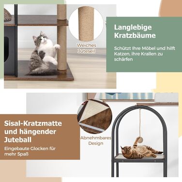 Дерев'яний кігтеточки для котів Costway з будиночком, 118 см, з ліжком, іграшкою та килимком, металевий каркас, 4 рівні, вінтажний дизайн (чорний)