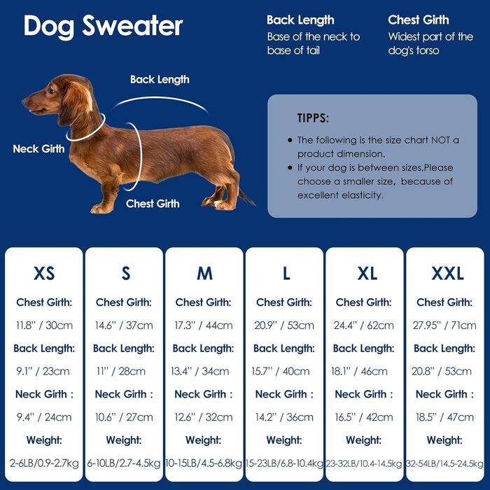 Світер для собак Konvinit, великі породи, зимовий, теплий, блакитний. XS-2XL, для Чихуахуа до Лабрадора, також для Такс. Об'єм грудей L: 53 см