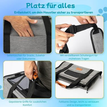 TREKAM Транспортний бокс для котів та маленьких собак з мискою, ковдрою, ременем на плече та м'якою підкладкою - для автомобіля та літака