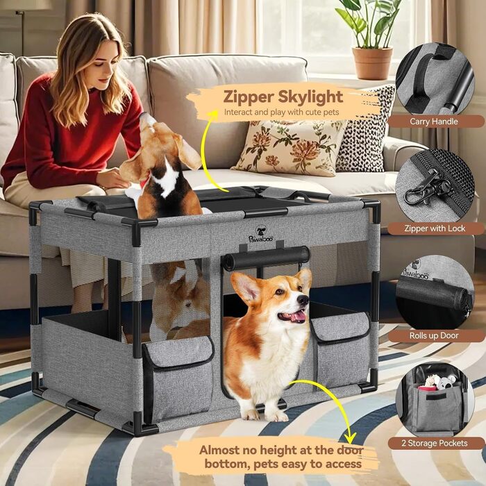 Pawaboo Вольєр для цуценят Extra Large, портативний, чорно-сірий, 91x61x61 см