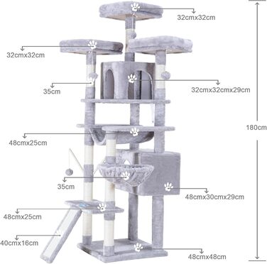 Великий котячий будиночок Hey-brother Kratzbaum XXL, 180 см, сірий. Стабільний котячий комплекс з сизалевим мотузком, великою дряпалкою, корзиною, 3 платформами та 2 будиночками. EMPJ034W