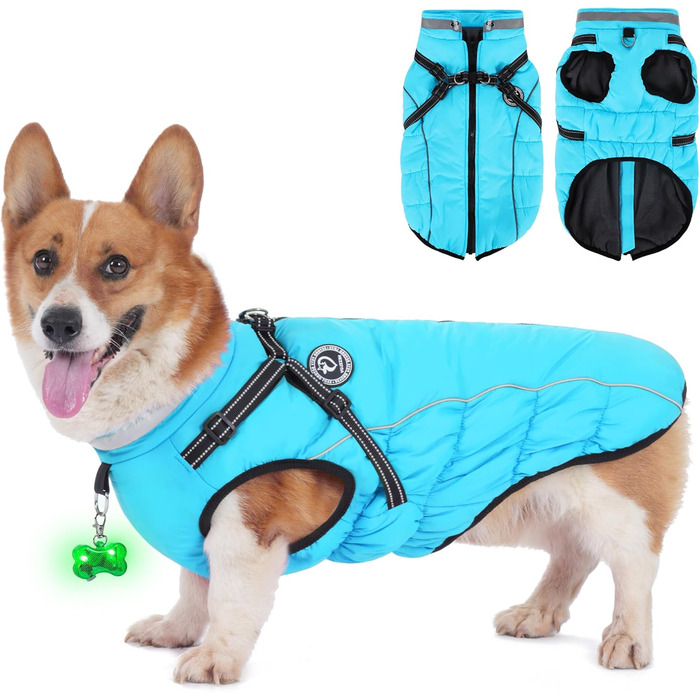 Зимовий одяг для собак: теплий водонепроникний зимовий одяг з дзвінком, світловідбиваючі смуги та LED-ошийник. Підходить для маленьких та середніх собак (Блакитний, XXL)