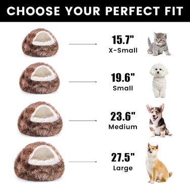 Кругле собаче ліжко NOYAL з капюшоном для маленьких та середніх тварин – плюшеве, м'яке, заспокійливе ліжко-печера для котів та собак (Large 27.5