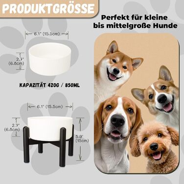Підвищена годівниця для собак, керамічна миска для корму з нержавіючою підставкою - для маленьких та середніх собак, діаметр 15,5 см, об'єм 850 мл, білий колір