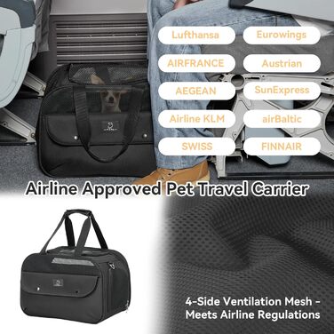 Транспортний бокс для котів та собак 4 PET - для кабіни літака/автомобіля, легкий, з безпечними пряжками та сіткою, чорний