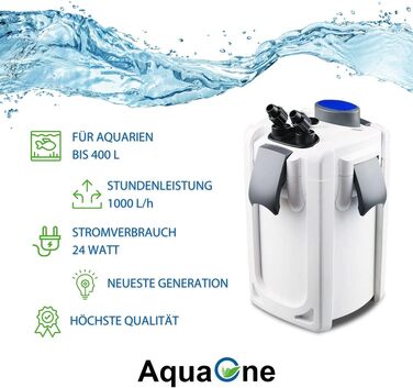Зовнішній фільтр для акваріума AquaOne HW-702A, 1000 л/год, для акваріумів до 400 л, з фільтрувальними матеріалами, для прісної та морської води