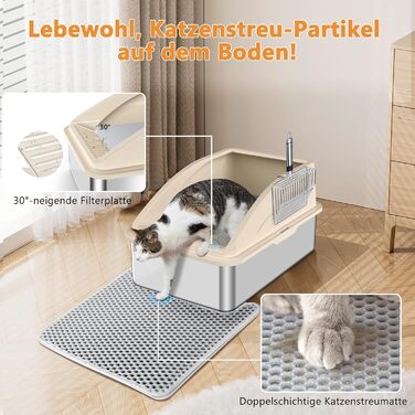 FURTIME Лоток для котів з нержавіючої сталі XXL, 28 л, велика місткість, проти протікань, з металевою лопаткою, 60x40x31 см, сріблястий