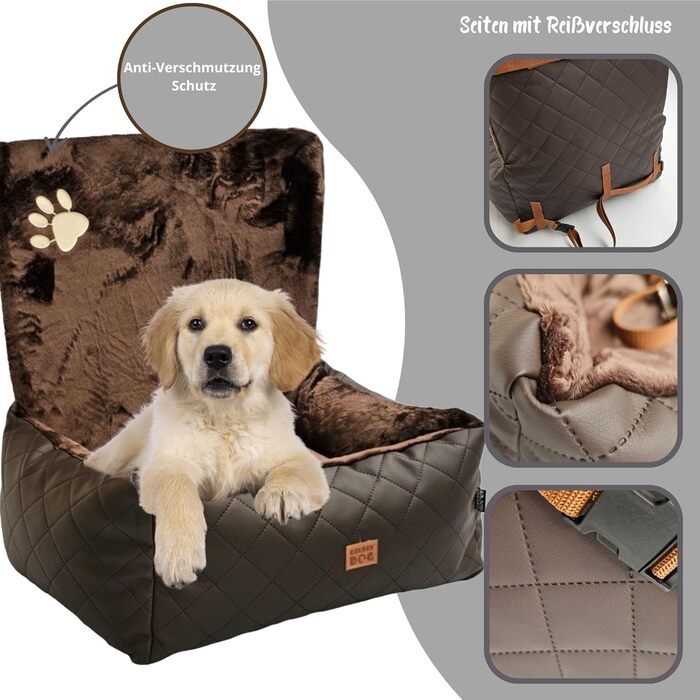 Автомобільний лежак для собак Golden Dog - переноска-коробка з кріпленням на ремінь безпеки, 73 x 56 см, колір коричневий