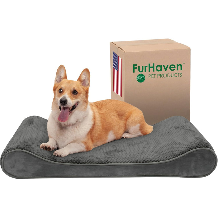 Крісло-лежанка для собак Furhaven Minky, з піною з пам'яті, плюшем та велюром, знімний, пральний чохол, сірий, розмір L (91 x 61 x 6 см)