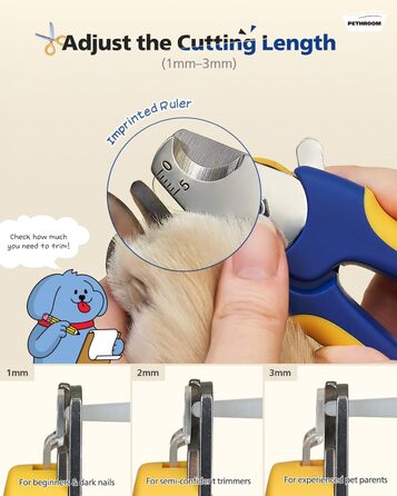 Професійний обрізач кігтів для собак PETHROOM з прозорим захистом та пилкою, регульована довжина зрізу, нержавіюча сталь, преміум-якість