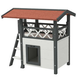 PawHut Cat House 2-х поверховий з асфальтовим дахом і балконом, котяча вілла зі сходами з масиву дерева, біла, 77 х 50 х 73 см