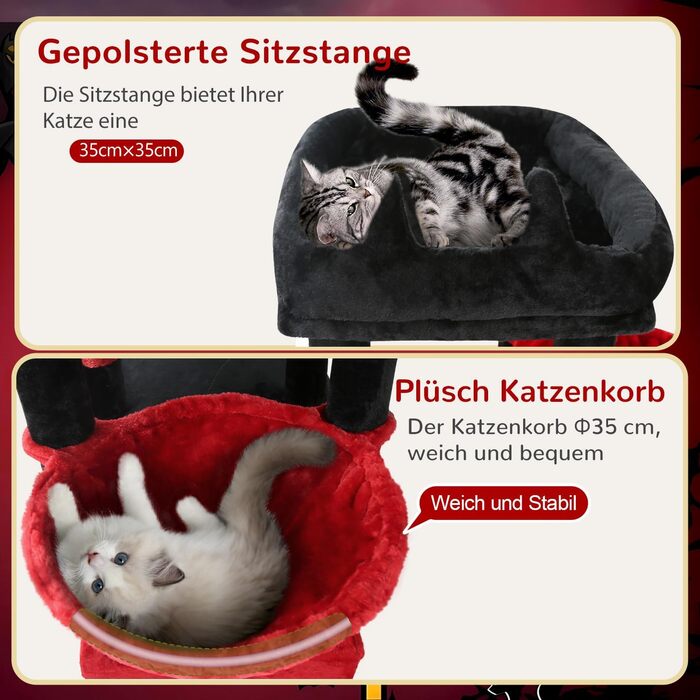 Дерев'яний комплекс для котів Globlazer з висотою 167 см, широкою платформою, будиночком, кошиком та іграшками. Стабільний, підходить для 2-4 котів. Чорний/червоний (F65B)