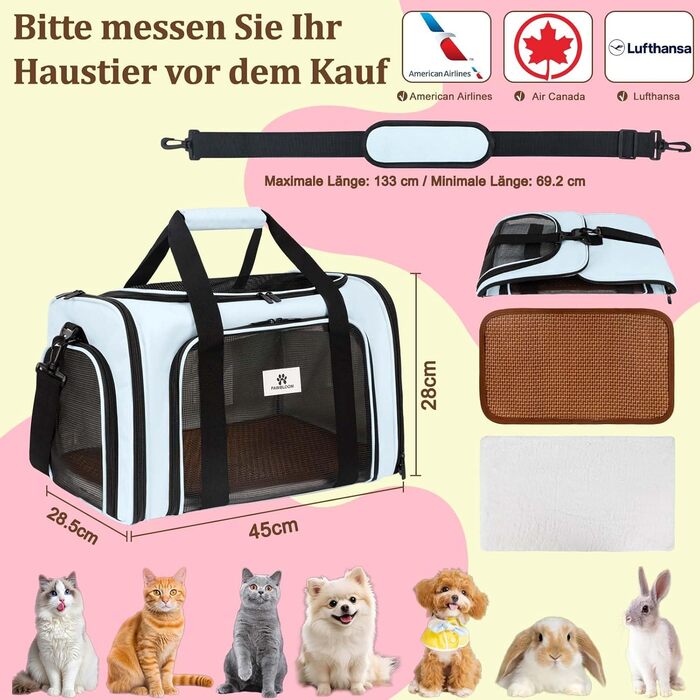 Транспортна сумка для котів та маленьких собак – складана, добре провітрювана переноска. Сумка для тварин з водонепроникною підкладкою для безпечного транспортування до ветеринара, у подорожах та в авто (Блакитна)