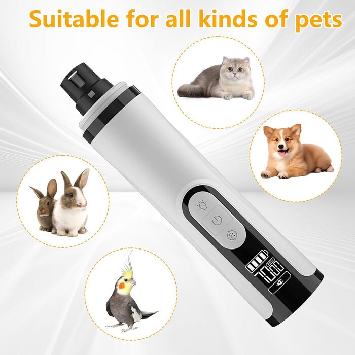 Електричний точило для собачих кігтів, пристрій для шліфування кігтів з LED-підсвічуванням, бездротова зарядка USB, запасні насадки для цуценят, обрізання кігтів для собак та котів (1+2 x запасна насадка)