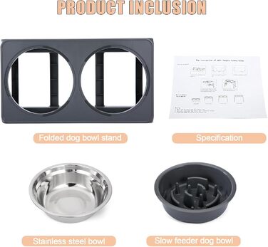 Підвищений годівниця для собак, регульована висота, підставка, 4 рівні, повільне годування, миска для собак з нержавіючої сталі для малих, середніх та великих собак (сіра)