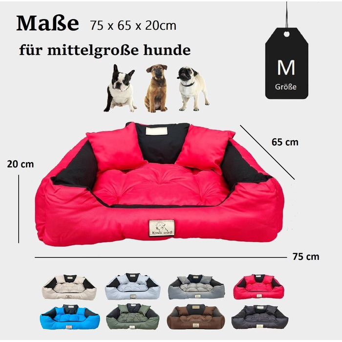 Крісло-ліжко для собак середніх порід King Dog, 75 x 65 см, миється, з можливістю персоналізації (ім'я), водонепроникний матеріал, силіконова наповнювач, червоний колір
