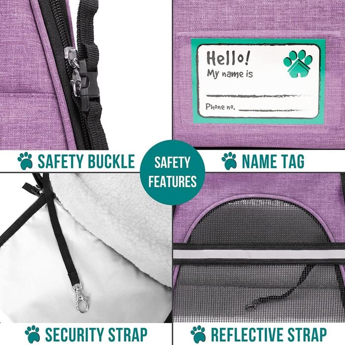 Транспортувальна сумка для тварин PetAmi з м'якими стінками, сертифікована для авіаперевезень, з вентиляцією та комфортним дизайном, з функціями безпеки, для котів, собак та інших домашніх тварин, розмір Large (19.5'L x 10.2'W x 12'H), колір Erikaviolett