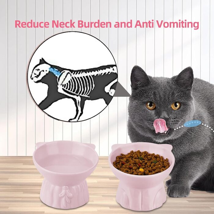 Набір мисок для котів 2 шт. підняті на 15°, кераміка, великі, для профілактики блювоти, підходять для корму та води, для котів та цуценят (білий, рожевий)