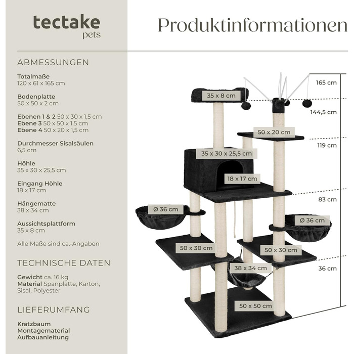 Дерево для котів tectake® XXL, велике, з аксесуарами: лежанки, гамак, будиночок, іграшки, мотузка, стійка для дряпання, висота 165 см, чорний