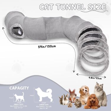 Котячий тунель для домашніх котів 150x25 см, складаний, з іграшкою, 2 отвори, сірий