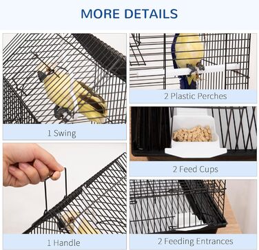 Клітка для птахів PawHut 39x33x47 см, металева, 3 дверцята, 2 годівниці, 2 жердочки, висувний піддон, ручка, для канарейок, чорна