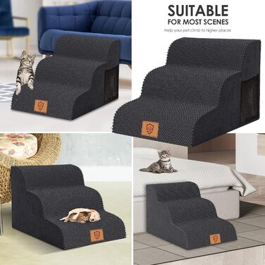 Сходинка для собак Myiosus – 3 ступені, для малих собак, з високощільним губчатим матеріалом, портативна, знімний та миючий чохол, антиковзаюча, чорна