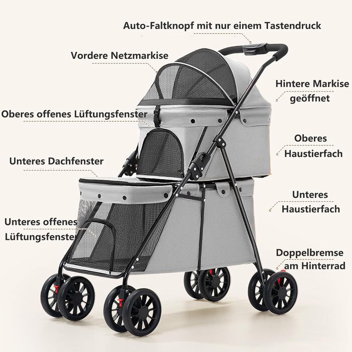 Складаний візок для собак на 2 яруси, переноска для домашніх тварин до 24 кг, візок для собак з сітковими віконцями, ремінь безпеки, 4 колеса, складаний візок для котів та маленьких собак (сірий)