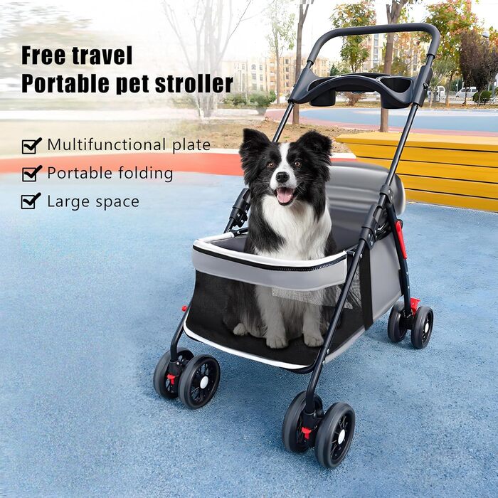 Візок для тварин для маленьких собак та котів, складаний, сірий, з поворотними колесами та регульованим капюшоном