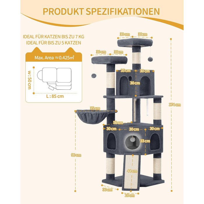 Кігтеточка для котів Hzuaneri, 174 см, XL, 2 платформи, 2 печери, 4 стовпчики, дошка для заточування кігтів, мотузка з сизалю, плюшеві кульки, для багатокотових сімей, MS17418LG (Темно-сірий)