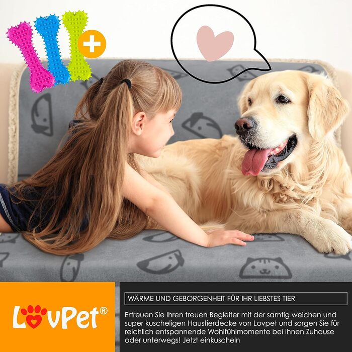 Lovpet® водонепроникна флісова ковдра для собак і котів 127x101 см, з 3 кісточками, для малих і середніх порід, двосторонній захист для дивана, сіра, машинне прання