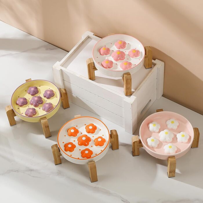 Підвищена годівниця для котів Anti Schling Napf - керамічна годівниця з антиковзним основанням, лабіринтовий дизайн, сповільнює годування, фіолетові квіти