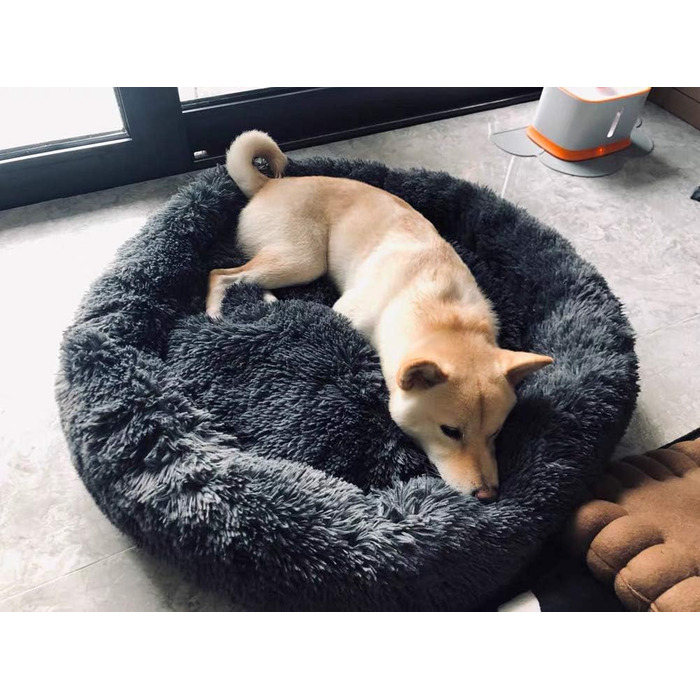 М'яке ліжко-софа для собак Deluxe, кругла, з плюшу, 60 см, для великих та екстра-великих собак та котів, водонепроникне дно, темно-сірий