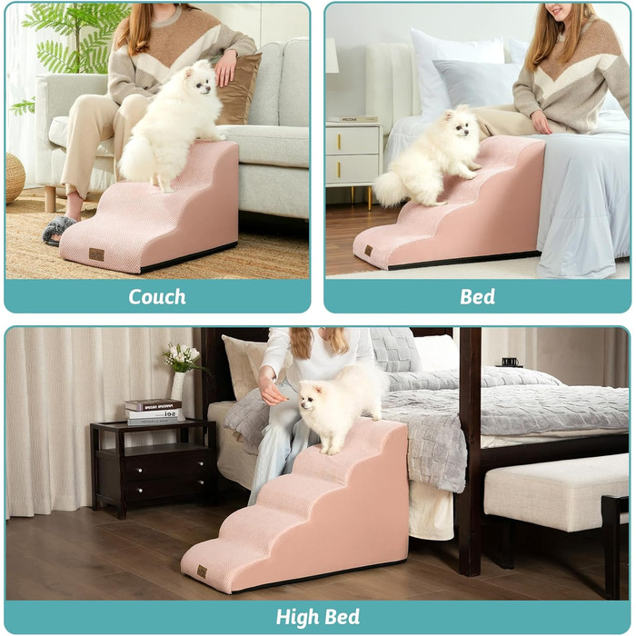 Сходинки для собак маленьких порід 50 см, зручні для ліжка, з високощільним губчастим наповнювачем, антиковзким покриттям та знімним чохлом, 40x72x50 см, 4 сходинки (рожевий, 3 сходинки (40x57x40 см))