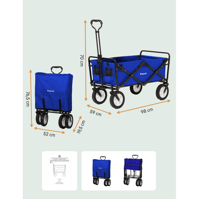 Візок-тачка LifeGoods складний, 98x45 см, блакитний – 94 л, колеса з гуми, 360°