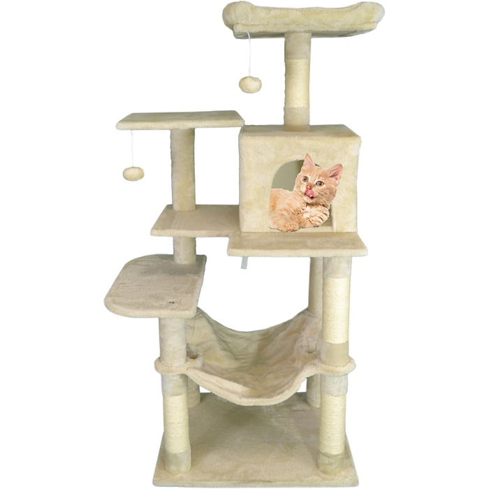 Кігтеточка-будиночок для котів DEFACTO, 143 см, з 4 кігтеточками, 2 платформами, гамаком (BEIGE)