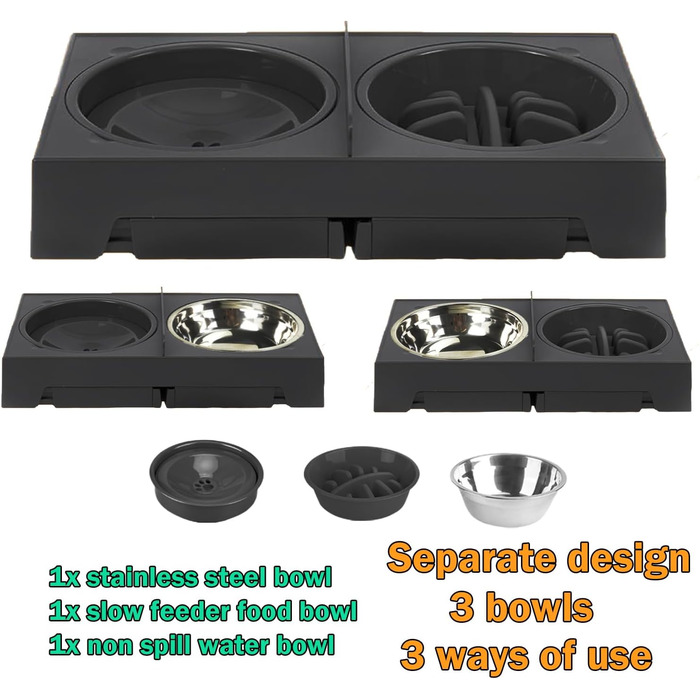 Підвищений миска для собак Arsagoo: 1 x 1100 мл з нержавіючої сталі, 1 x для повільного годування, 1 x водовідштовхувана, регульована по висоті (5 рівнів) для собак маленьких та середніх порід