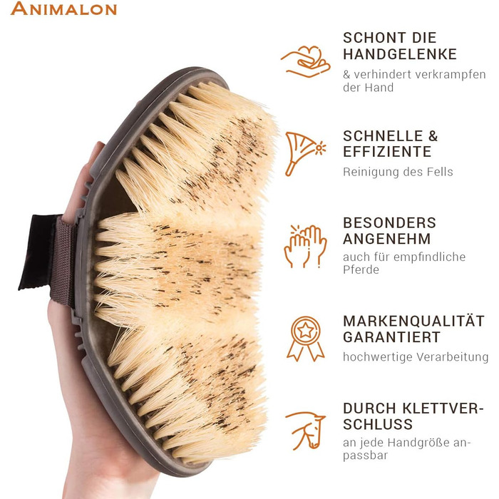 Щітка для коней Animalon CareFlex — жорстка коренева кардятша з натурального волосся, ергономічна щітка з липучкою для чищення шерсті, коричнева