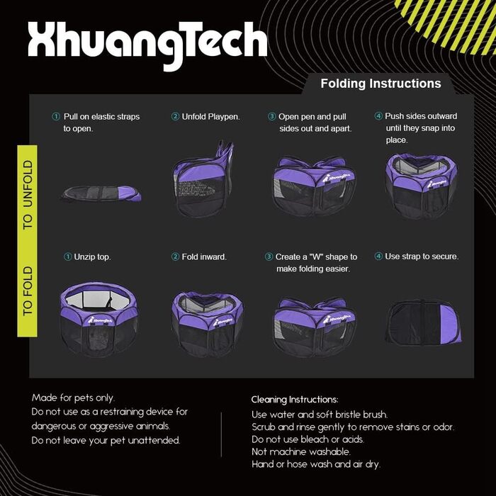 Клітка-манеж для тварин XhuangTech: собаки, коти, цуценята, 80x80x58,4 см, м'який матеріал, портативна, складана, для дому та вулиці, фіолетовий/чорний