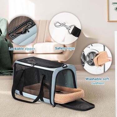 Транспортна сумка Petsfit для котів та собак, складана переноска для собак та котів, дихаюча переноска для собак, авіапереноска для домашніх тварин в авто, літаку або потягу, сірий, зелений колір