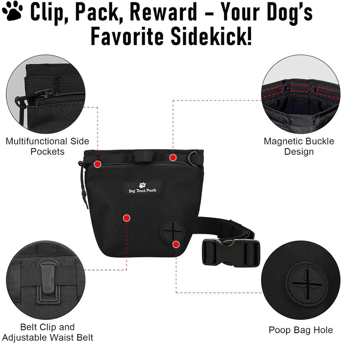 Сумка для ласощів для собак з магнітною застібкою та регульованим поясом, навчальна сумка, портативна сумка для перекусів для прогулянок на відкритому повітрі (Чорний, принт з тваринами)