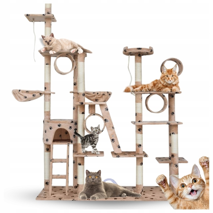 Величезний ігровий комплекс для котів XXL (255 см) — Дряпалка-вежа з гамаком, тунелем та будиночком, бежевий