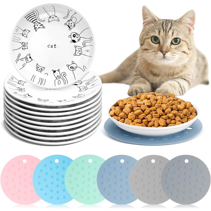 Набір мисок для котів Thenshop (6 шт.) з антиковзними килимками, керамічні годівниці, для котів, кошенят, цуценят, кроликів та хом'яків, білий, блакитний, світло-блакитний, сірий, зелений, рожевий, світло-сірий, класичний стиль