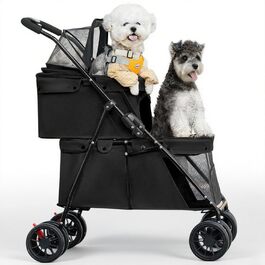 Складаний візок для собак на 2 ярусах, переноска для домашніх тварин до 24 кг, візок для собак з сітковими віконцями, ремінь безпеки, 4 колеса, складаний візок для котів та маленьких собак (чорний)