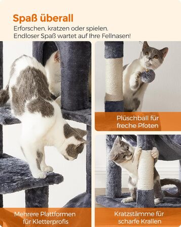 Дім-кіготник для котів Feandrea, 143 см, з 4 стовпчиками для шліфування, 2 платформами, гамаком, печерею, сірий, PCT161G01 L (55 x 45 x 143 см)